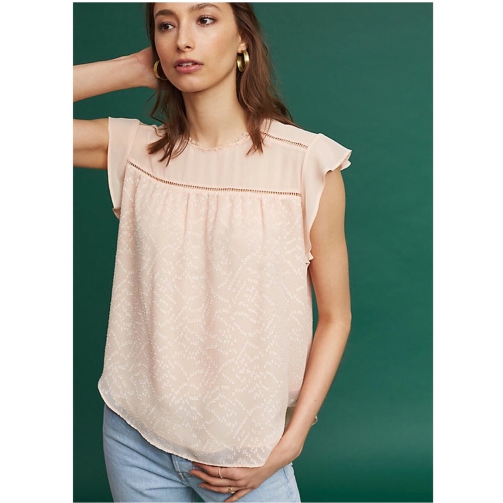 Anthropologie Guest Editor Becky Top, Peach Ruffle Sleeve Blouse Silky Shirt